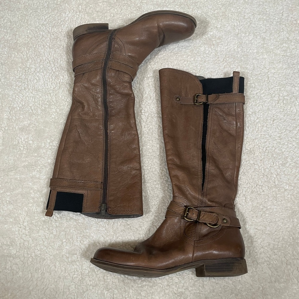 Naturalizer Juletta Tall Harness Riding Boots Taupe-Brown Leather‎ Distressed 9
